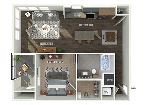 Floor plan for 1 bed, 1 bath, 858 sqft
